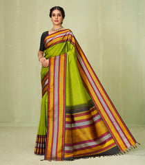 Leafy Green Handloom Korvai Kanchipuram Silk Saree With Checks & Black Border-KA12607