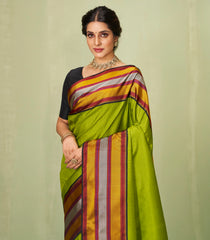 Leafy Green Handloom Korvai Kanchipuram Silk Saree With Checks & Black Border-KA12607