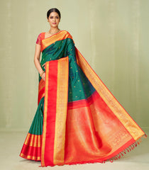 Teal Handloom Korvai Kanchipuram Silk Saree With Stripes & Buttas-KA12618