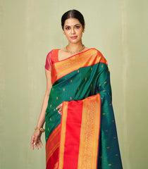 Teal Handloom Korvai Kanchipuram Silk Saree With Stripes & Buttas-KA12618