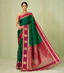 Dark Green Handloom Soft Silk Saree With Buttas & Contrast Border-SO4052