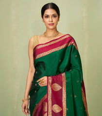 Dark Green Handloom Soft Silk Saree With Buttas & Contrast Border-SO4052