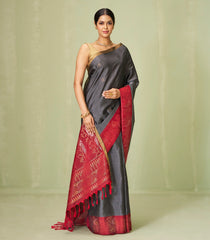 Dark Grey Handloom Soft Silk Saree With Floral Motifs & Rust Border-SO3996