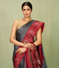 Dark Grey Handloom Soft Silk Saree With Floral Motifs & Rust Border-SO3996
