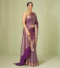 Dark Purple Woven Mysore Silk Saree With Peacock Motifs-MS3085