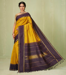 Mustard Handloom Korvai Kanchipuram Silk Saree With Stripes-KA12613