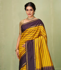 Mustard Handloom Korvai Kanchipuram Silk Saree With Stripes-KA12613