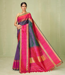 Midnight Blue Handloom Kanchipuram Silk Saree With Raindrop Buttas-KA12610