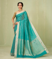 Cyan Woven Mysore Silk Saree With Floral Motifs-MS3086