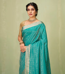 Cyan Woven Mysore Silk Saree With Floral Motifs-MS3086