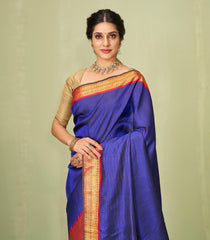 Dark Blue Handloom Soft Silk Saree With Zari Stripes-KA12598