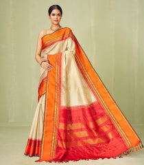 Cream Handloom Korvai Kanchipuram Silk Saree With Checks & Temple Border-KA12597