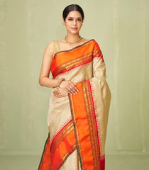 Cream Handloom Korvai Kanchipuram Silk Saree With Checks & Temple Border-KA12597