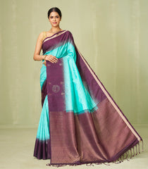 Turquoise Handloom Soft Silk Saree With Checks & Contrast Border-SO4032