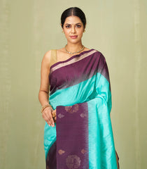 Turquoise Handloom Soft Silk Saree With Checks & Contrast Border-SO4032