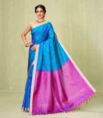 Blue Handloom Soft Silk Saree With Stripes & Floral Motifs-SO3987
