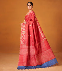 Red Woven Tussar Silk Saree With Stripes &  Printed Floral Border-TU3005