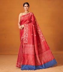 Red Woven Tussar Silk Saree With Stripes &  Printed Floral Border-TU3005