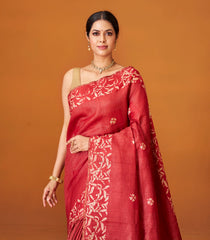 Red Woven Tussar Silk Saree With Stripes &  Printed Floral Border-TU3005