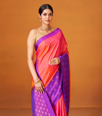 Peach Handloom Soft Silk Saree With Floral Buttas & Contrast Border-SO4020