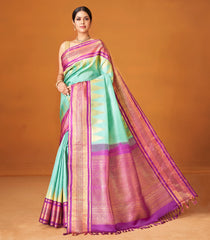 Cyan Handloom Korvai Kanchipuram Silk Saree With Temple Border-KA12617