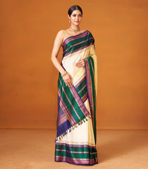 Cream Handloom Korvai Kanchipuram Silk Saree With Buttas & Contrast Border-KA12619