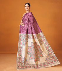 Lilac Woven Tussar Silk Saree With Printed Chevron & Madhubani Pallu-TU3026
