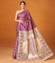 Lilac Woven Tussar Silk Saree With Printed Chevron & Madhubani Pallu-TU3026