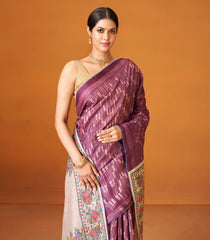 Lilac Woven Tussar Silk Saree With Printed Chevron & Madhubani Pallu-TU3026