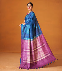 Indigo Woven Tussar Silk Saree With Printed Floral Motifs-TU3002