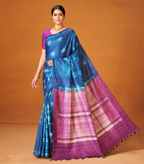 Indigo Woven Tussar Silk Saree With Printed Floral Motifs-TU3002