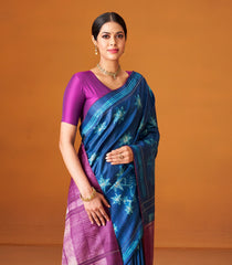 Indigo Woven Tussar Silk Saree With Printed Floral Motifs-TU3002