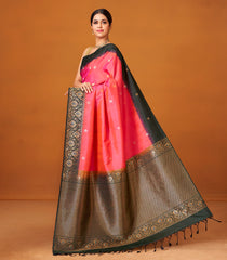 Hot Peach Handloom Soft Silk Saree With Buttas & Contrast Border-SO4030