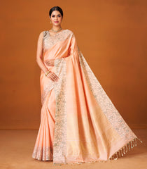Light Peach Handloom Soft Silk Saree With Dotted Floral Motifs-SO3992