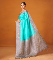 Turquoise Handloom Soft Silk Saree With Floral Motifs-SO4000