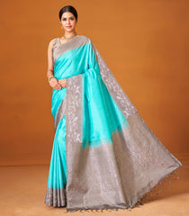 Turquoise Handloom Soft Silk Saree With Floral Motifs-SO4000
