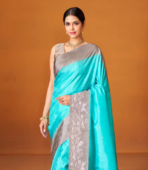 Turquoise Handloom Soft Silk Saree With Floral Motifs-SO4000