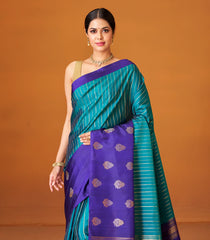 Teal Handloom Soft Silk Saree With stripes & Contrast Border-SO4022