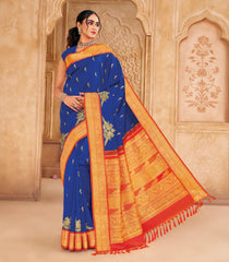 MS Blue Handloom Rettai Kili Korvai Silk Saree With Parrot Zari Buttas -KA16396