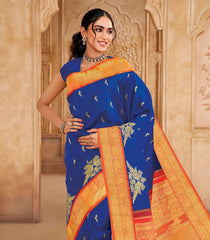 MS Blue Handloom Rettai Kili Korvai Silk Saree With Parrot Zari Buttas -KA16396