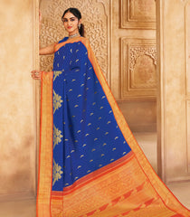 MS Blue Handloom Rettai Kili Korvai Silk Saree With Parrot Zari Buttas -KA16396