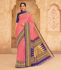 Baby Pink Handloom Poo Thoranam Korvai Silk Saree With Festoon Buttas -KA16393