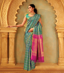 Aquamarine Handloom Silk Saree With Madras Kattam-KA16442