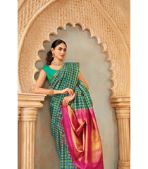 Aquamarine Handloom Silk Saree With Madras Kattam-KA16442