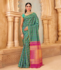 Aquamarine Handloom Silk Saree With Madras Kattam-KA16442