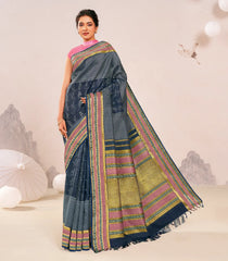 Dark Indigo Handloom Japanese Indigo Natural Dyed Silk Saree With Kimono Motifs-KA16387