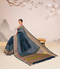 Dark Indigo Handloom Japanese Indigo Natural Dyed Silk Saree With Kimono Motifs-KA16387