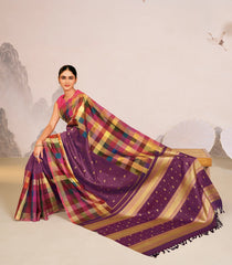 Multicolour Checks Handloom Natural Dyed Muppagam Silk Saree-KA16223