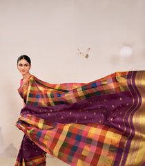 Multicolour Checks Handloom Natural Dyed Muppagam Silk Saree-KA16223