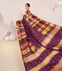 Multicolour Checks Handloom Natural Dyed Muppagam Silk Saree-KA16223